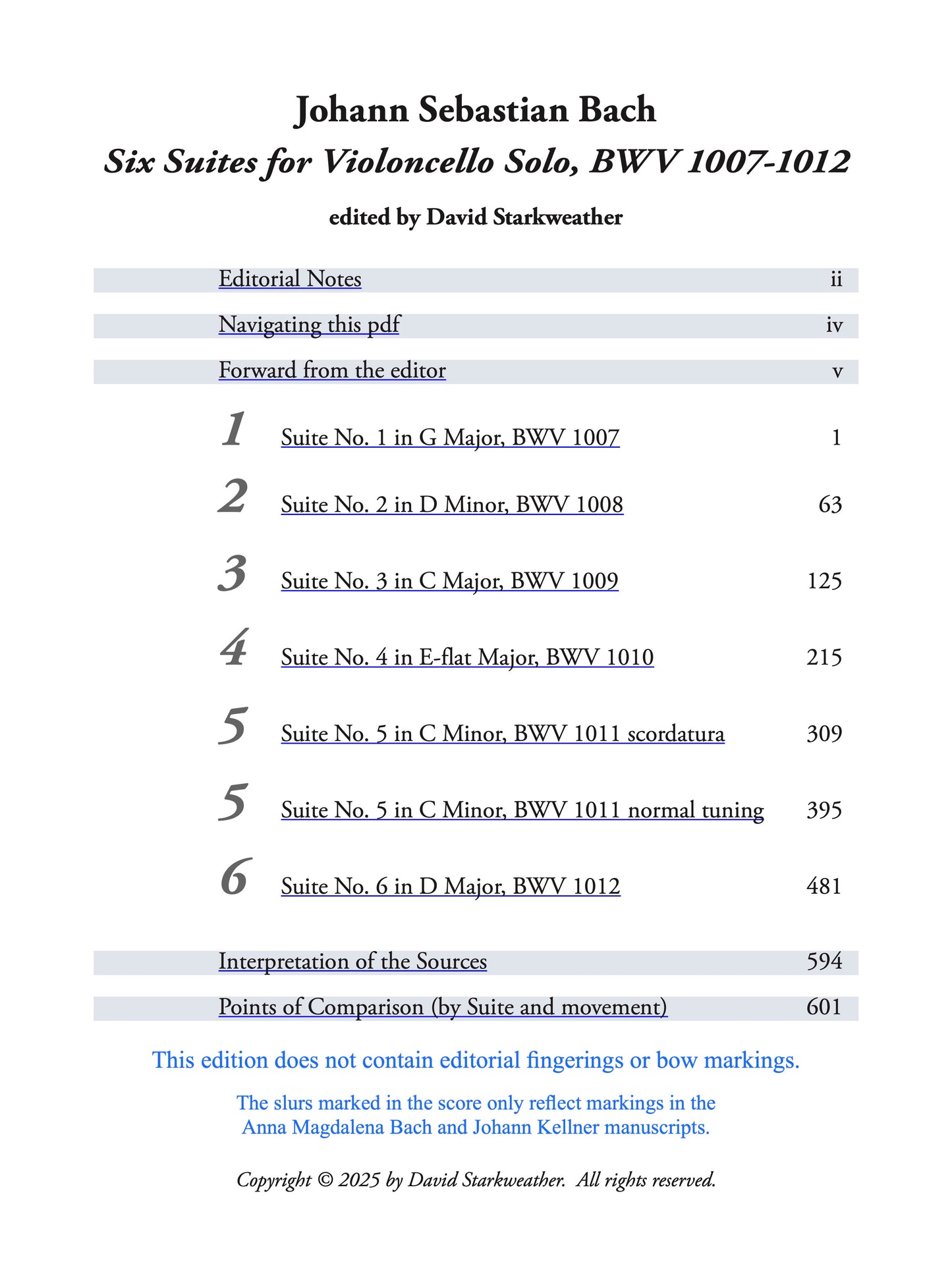 Johann Sebastian Bach: Six Suites for Violoncello Solo, BWV 1007–1012 (2025 Digital Edition), Edited by David Starkweather
