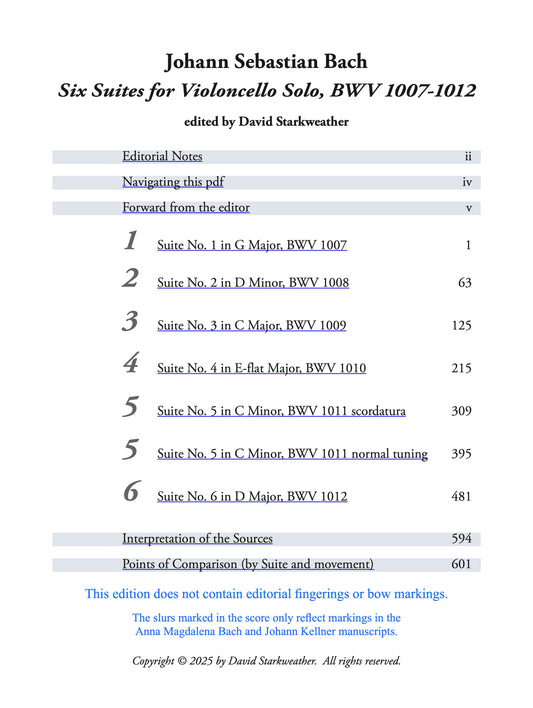 Johann Sebastian Bach: Six Suites for Violoncello Solo, BWV 1007–1012 (2025 Digital Edition), Edited by David Starkweather