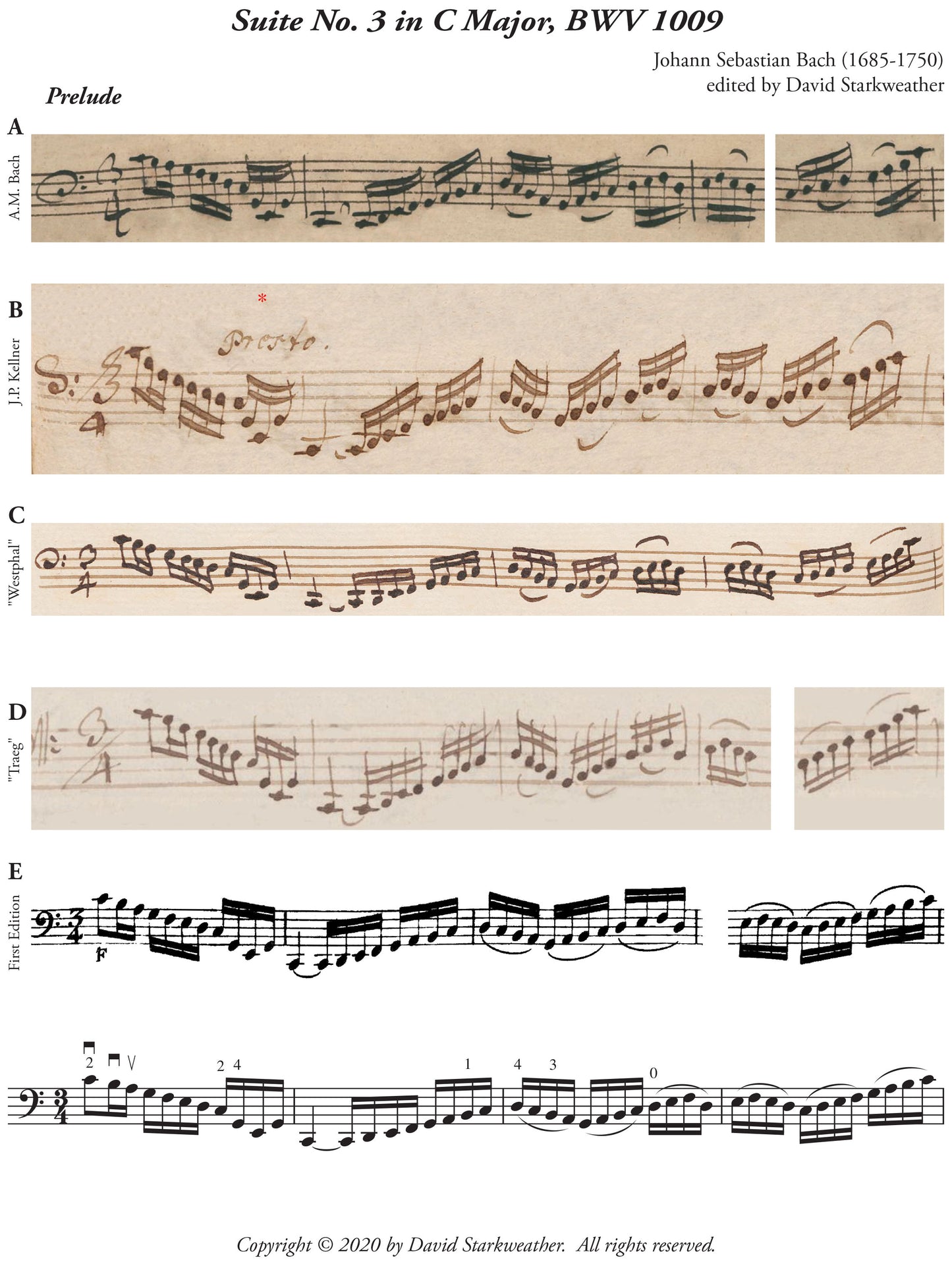 Johann Sebastian Bach: Six Suites for Violoncello Solo, BWV 1007-1012 Manuscripts Digital Edition: David Starkweather, editor